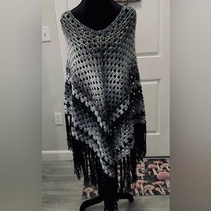 Tones of Gray and Black Crochet Poncho with Long Fringe